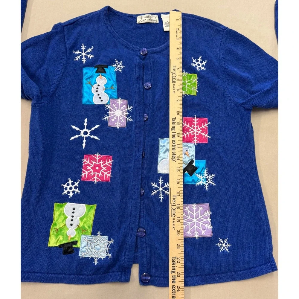 Isabella's Closet‎ Blue Snowman Snowflake Applique Cardigan Sweater Women's L